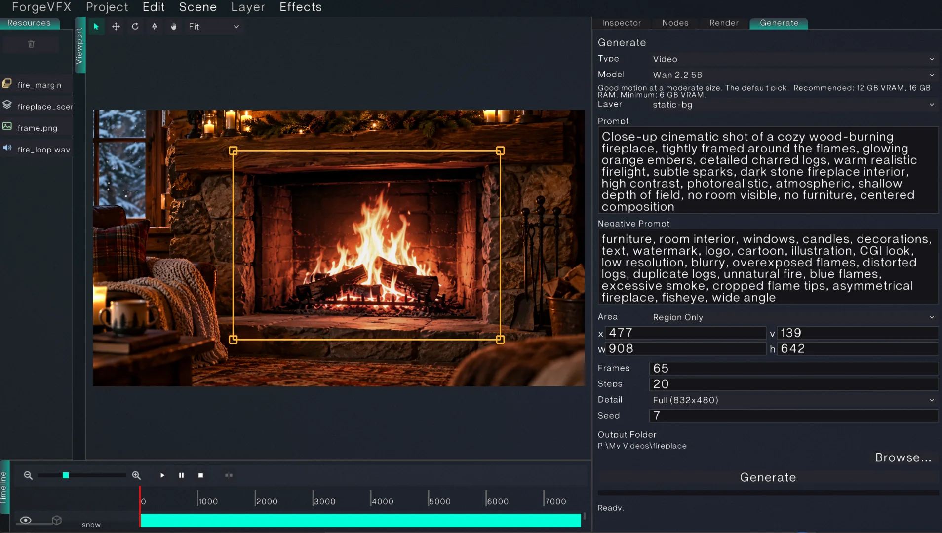 Forge VFX generating a fire clip from a text prompt inside a region of a still image