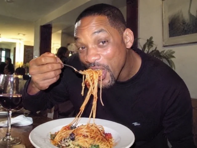 The source still: a man eating spaghetti at a restaurant table