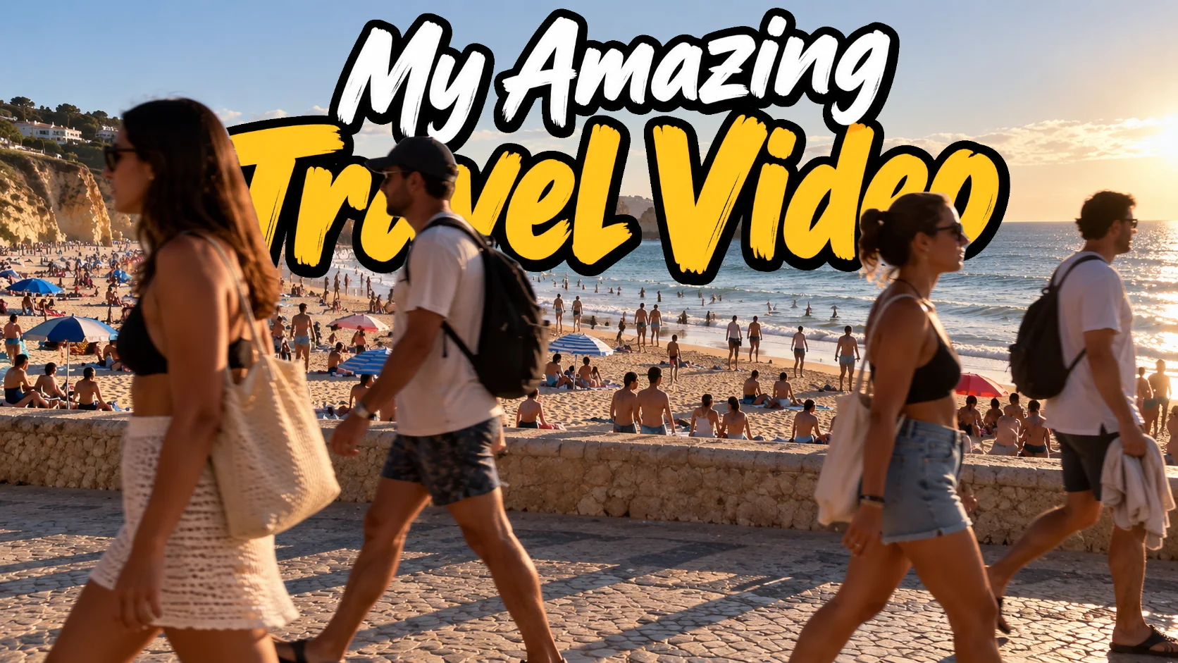 A title, My Amazing Travel Video, placed in depth: it passes behind the walking people and in front of the beach